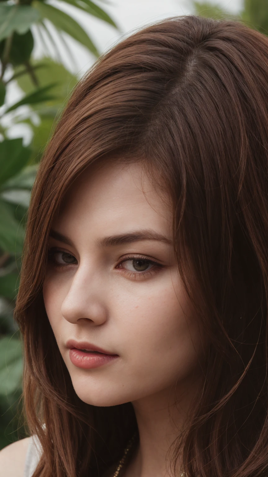 a woman with red hair and green leaves, hyper-realistic skin, shiny/glossy, modern jewelry, gongbi, portraiture, dark teal and light gold, tropical landscapes, Face portrait photo oF a 21-year-old German woman, .raw, beautiFul woman, half strawberry lips, Fossettes, nostalgic look, green eyes, great student, Large eyelashes, (Brown extra long wavy hair), ((detailed Face)), ((detailed Facial Features)), (Finely detailed skin), red skin, (Deep neckline detailing high-tech cyberpunk dress), Cyberpunk Cyberpunk big city environment, (cold colors), moist, moist, reFlections, (masterpiece) (height ratio / perfect width) (photo realist) (best quality) (detailed) Shot with Canon EOS R5, ObjectiF 50mm, F/2.8, human development report, (8k) (wallpaper) (light) (Dramatic Light) (sharp focus) (complicated)