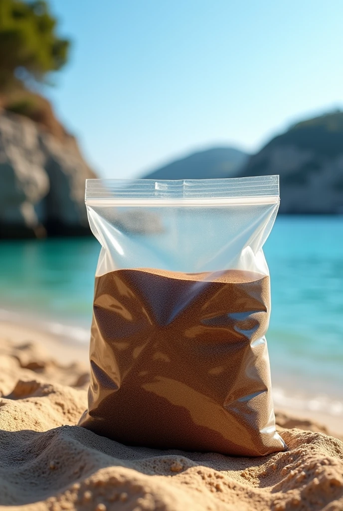 I want a photo with 20mm of dark brown sand filled with approximately 2kg inside a transparent plastic bag, with a Greek paradise in the background where the sand stands out as brown