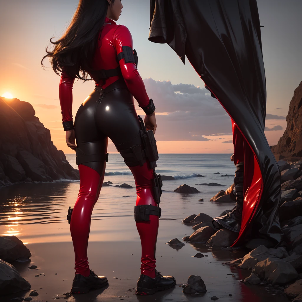 (1girl, Full-body view from behind to emphasize their tactical gear and presence, Ensure the girl operator is detailed with red latex bodysuit, including a tactical vest and perhaps some unique insignia or gear., Center or slightly off-center to make them the focal point, Standing confidently or in a dynamic stance that conveys readiness. The girl operator’s silhouette should be detailed enough to be recognizable but still maintain an air of mystery from behind., One wolf could be in a crouched position with a focused, alert expression, and the other could be standing, slightly turned as if surveying the area.), (Two wolves to flank the operator, suggesting companionship or protection, One on each side of the operator, possibly in a crouched or alert stance, Detailed and fierce, with an emphasis on their strong, sleek forms.), (Create a rugged, realistic shoreline with some rocks and waves to set the scene, Place it in the distance, partially emerging from the water to add depth and a hint of military might, Ensure the submarine is recognizable but not overly detailed to keep it in the background.) The shoreline, integrating natural elements like rocks and waves., Submarine emerging from the sea, possibly with a faint mist or water effects., Dark, muted military colors like greens, grays, and blacks., Use highlights in white or lighter shades to add contrast, especially for the submarine, A gradient or subtle blend of blues and grays for the sea and sky.,
