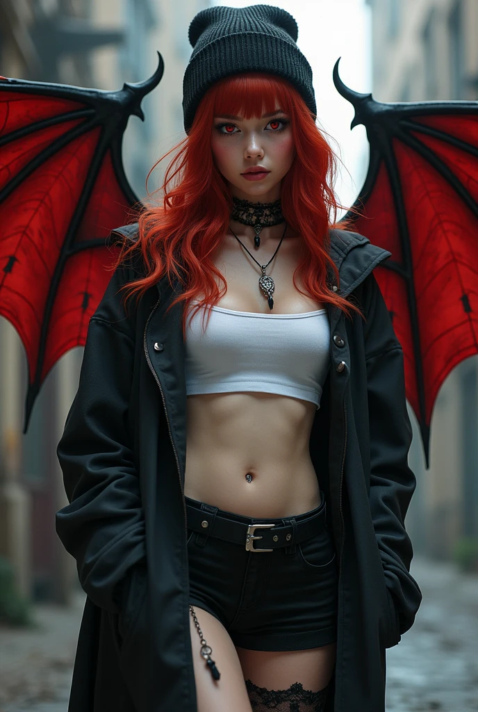 A vampire girl with red hair, red eye, beanie hat, earrings, wearing a white crop top and jacket with a belly button piercing, black short jean, black long stockings and vampire wing