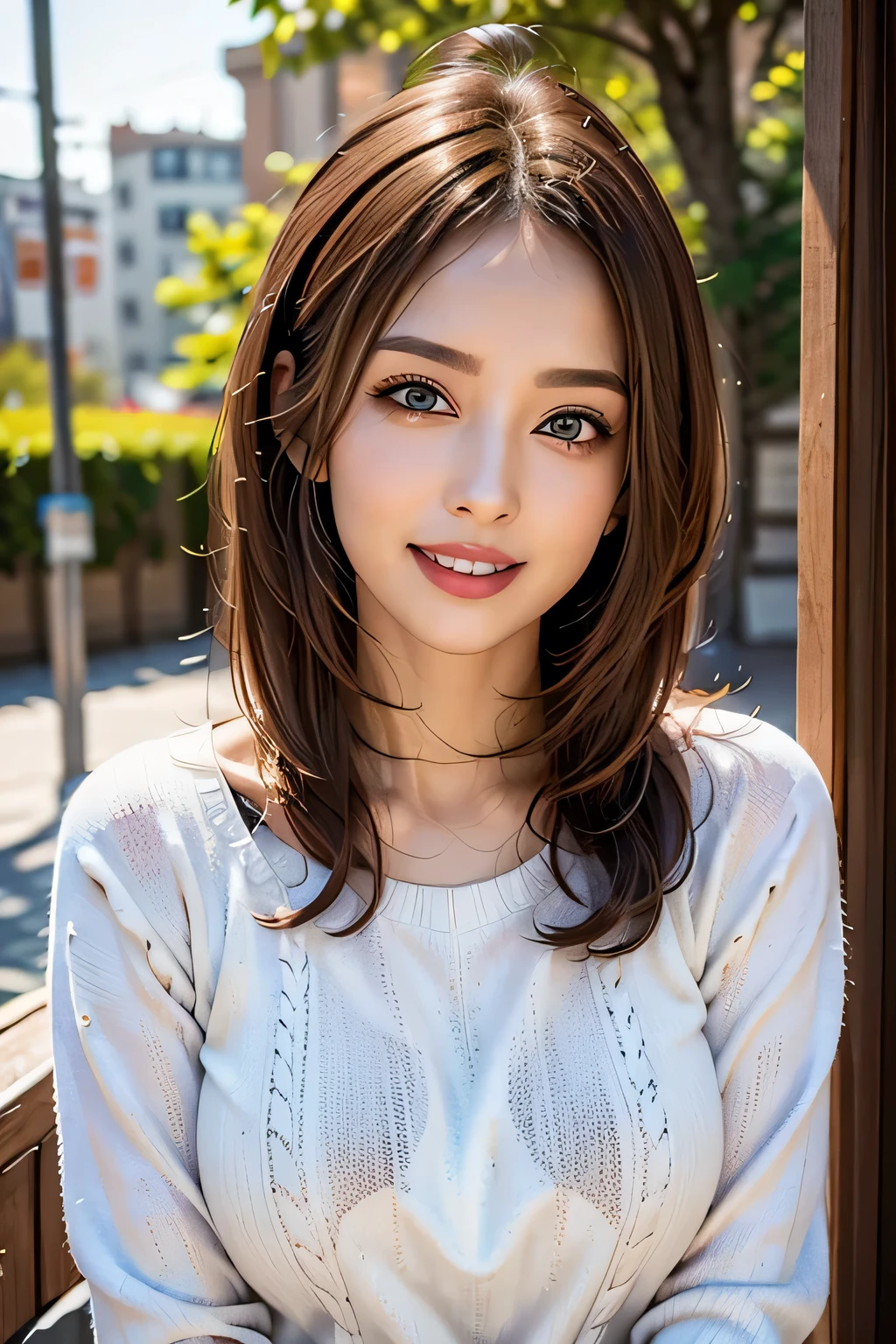 ((masterpiece)), ((Highest quality)), ((Complex)), ((Surreal)), (Realistic), (Mature Woman), ((There are no classes)), Very detailed, (1 female), Beautiful and exquisite, (Beautiful Teeth), Grin, Brunette bob hair, Brown eyes, ((Random color summer sweater)), (Upper Body), (background:none), Perfect Eyes, Captivating eyes, Looking at the audience