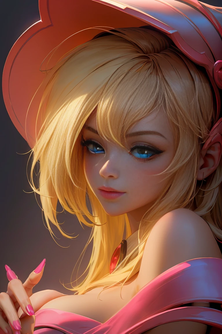take closeup. beautiful face dark Magician girls,blond hair. blue eyes. pink lips. Thick and long eyelashes. Highlight beautiful nails. big breasts.