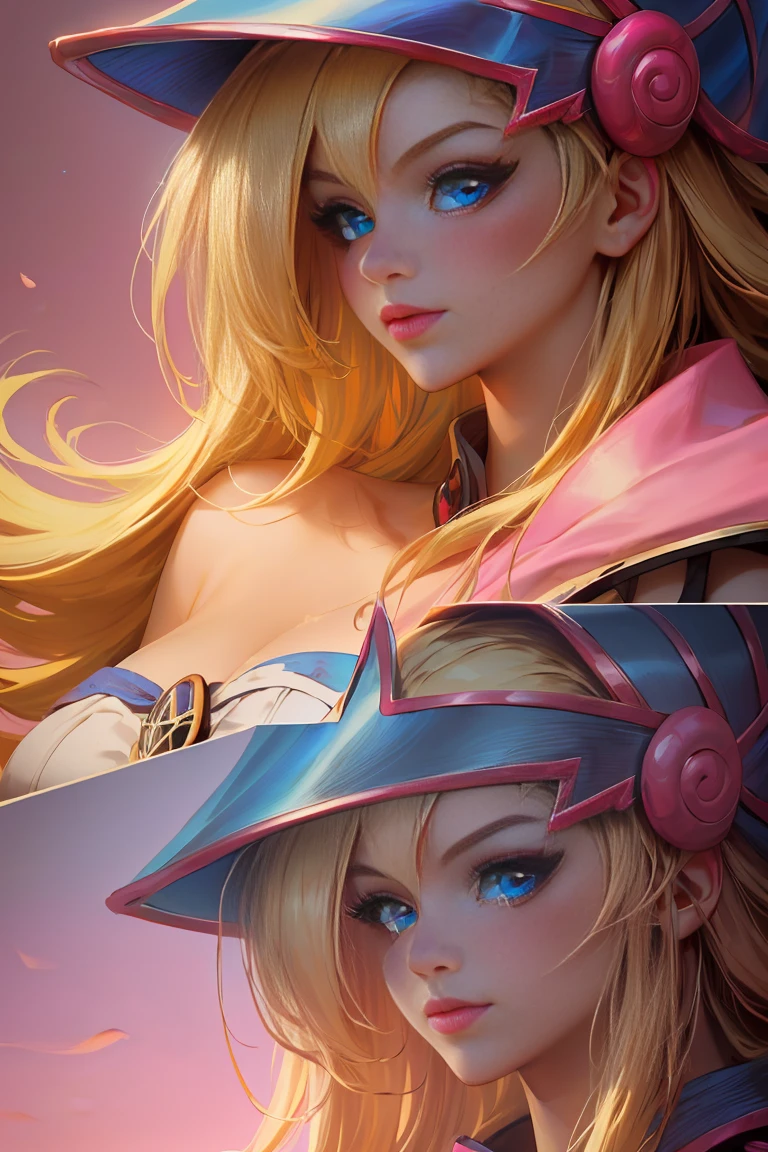 take closeup. beautiful face dark Magician girls，blond hair. blue eyes.  pink lips. Thick and long eyelashes. Highlight beautiful nails. big breasts. 