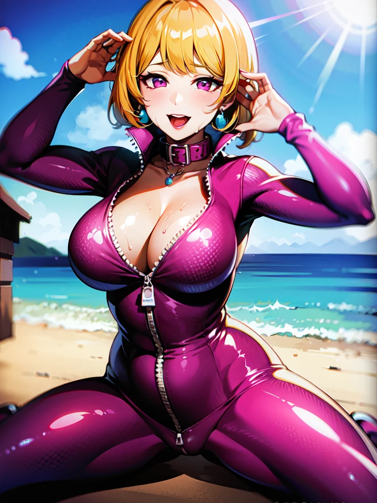 ((super high quality,Ultra-high resolution,4K,8k,super masterpiece,Ultra HD)),Sunny beach,One Girl,((Light pink glossy sweat suit,(big襟,Open collar,Tight collar),Zipper opening from under the chin to under the navel,Fine zipper),Cleavage,sexly,big),Blonde side tail,smile,Sweaty,Put your hands on your head,Pearl Earrings,Chain Necklace,
