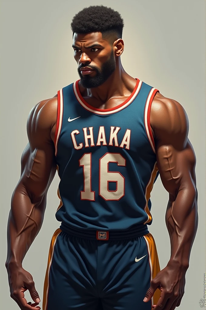 Man with shirt with number 16 and the name Chaka and a sucked body