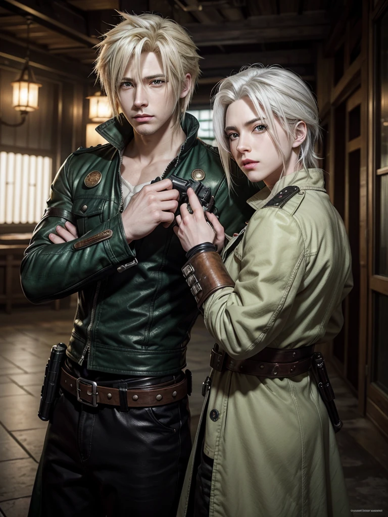 Cloud Strife with white hair and green eyes, using pistols in their hands, wearing steam punk clothes, drawn in anime style