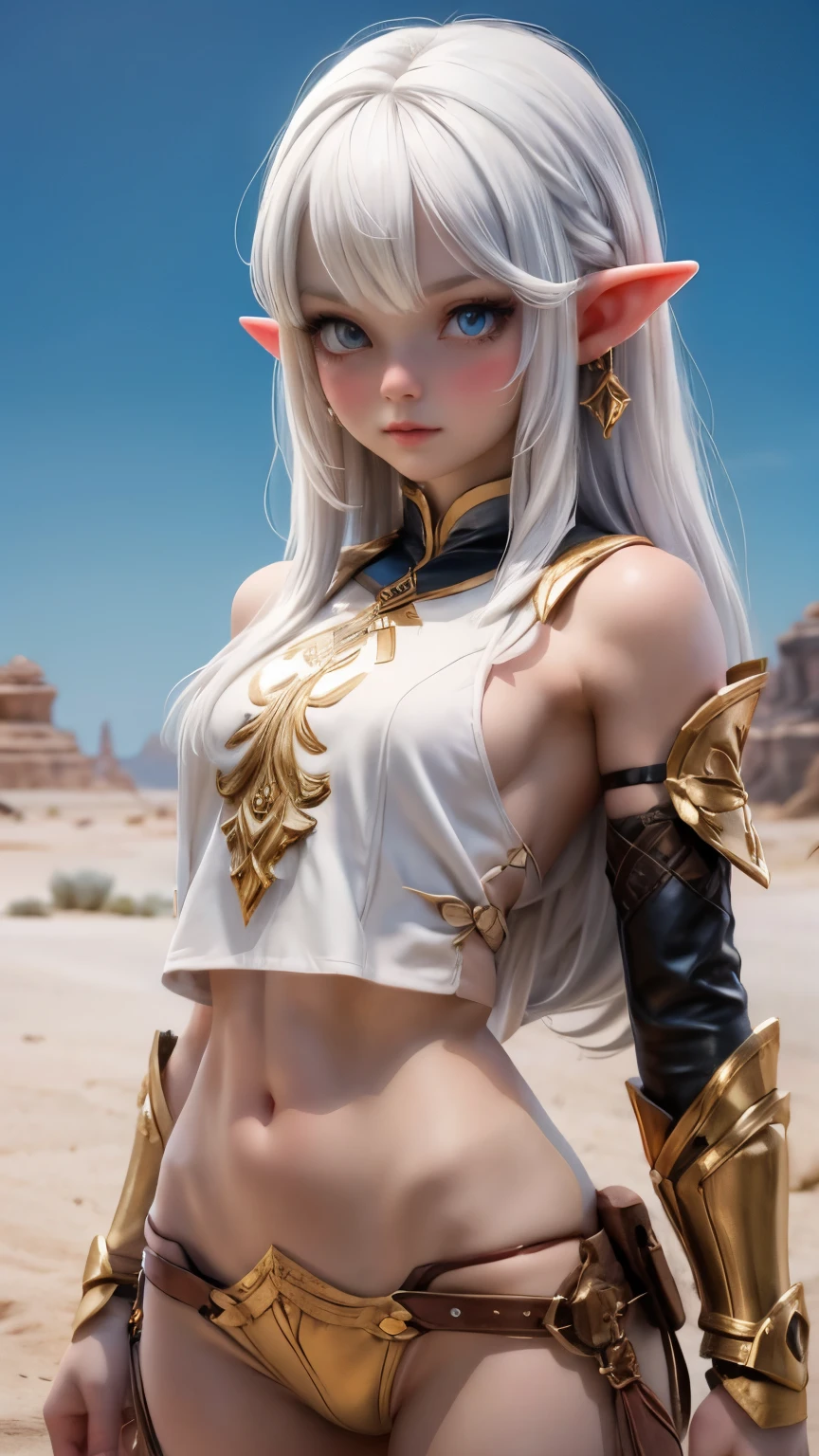 Ariel, upper body portrait, elf, white hair, beautiful, cute arabian clothes, warrior, midriff, fit, white hair, cowboy sho, desert background, realistic fantasy ,concept art