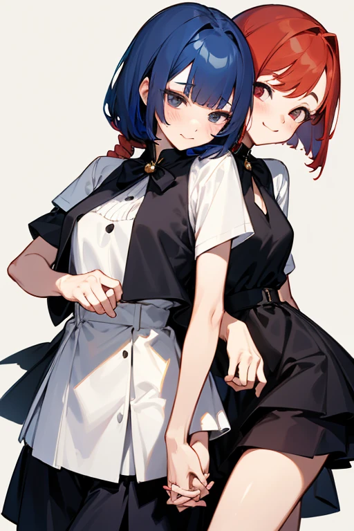black eye.smile, Inner Color, Hide your ears, Long Hair, chest, Redhead, Black dress,cute
赤い目, Bob Hair, Navy Blue Hair, 大きなchest, Character portrait, White blouse.Shorts.cute.Simple Background, Two Women.Holding hands