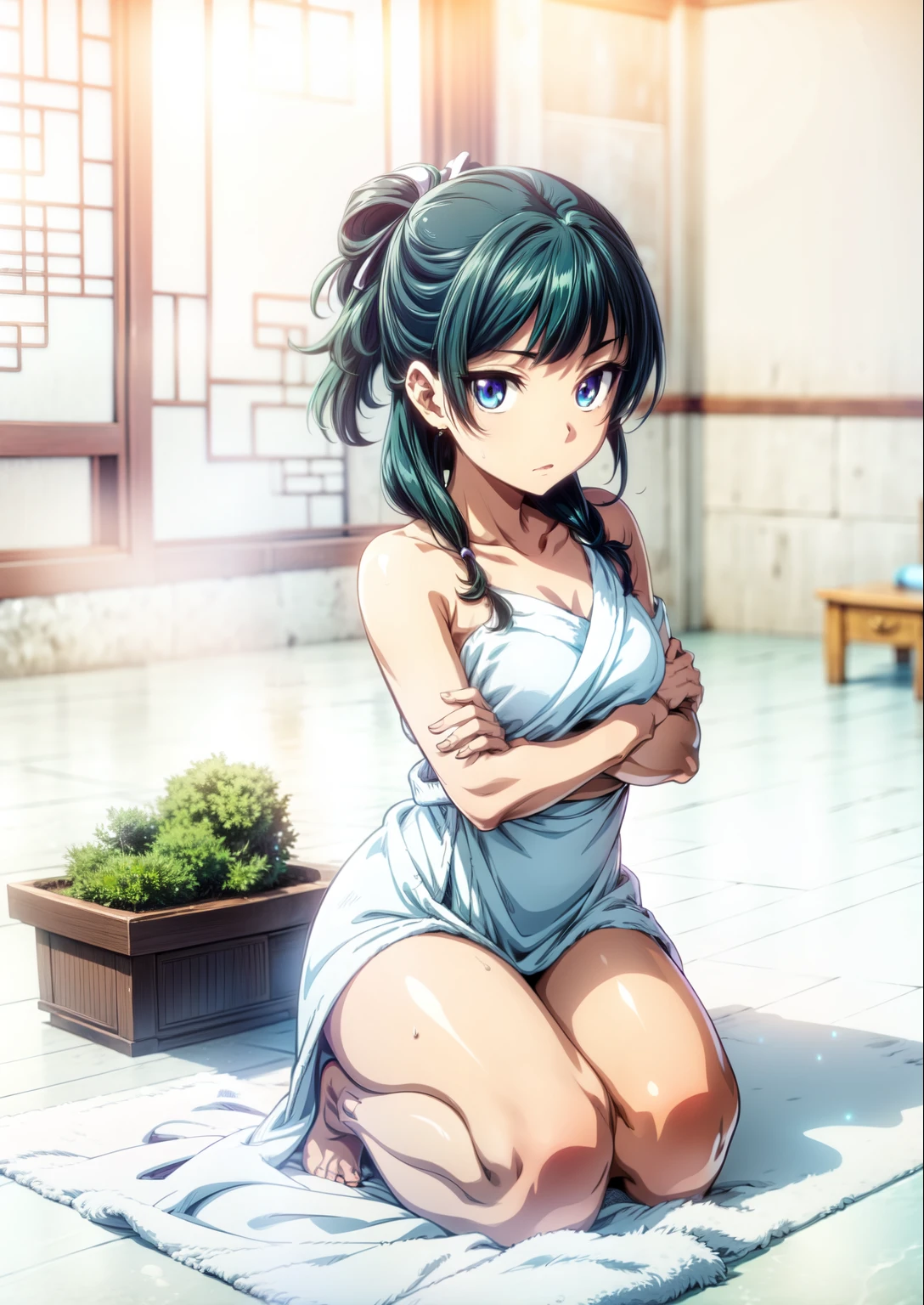 (Masterpiece, High Quality, Top quality, High-Detailed, Detailed CG, Cinematic Shadow, Cinematic Scene, Beautiful Detailed Eyes, Ultra Resolution, Depth of Field, High Resolution, Masterpiece: 1.2), Anime Art style, Very Detailed, Dynamic Angle, Teen Style, Detailed Green Hair, Detailed Blue Eyes, Purple Eye, Slim Body, Sparkling Eyes, Sparkling Detailed Eyes, Hair Accessory, Earrings, Slightly Blunt Bangs, Looking the Audience, (Embarrassing Expression:1.2), (Towel:1.2), (White Towel), (Almost Naked), (Naked Towel), (Anime Girl Holding a Towel to cover it's body), (Only wear Towel:1.2), (Cover Body With Towel), Good Composition, Hand, weat, Thick Thighs, Small Breasts, Small Size Breasts, Blur Background, Chinese Architectures