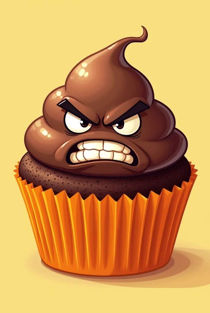 Create a drawing of a chocolate cupcake, egg, with an angry but cute face, and in an orange wrapper