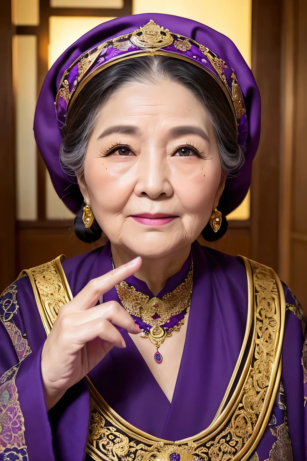 Create an image of a dignified fat old fortune teller lady。She has dignity.、It has a presence that exudes wisdom and authority.。He wears luxurious robes decorated with intricate patterns in deep purple and gold.。Deep wrinkles on the face、It makes me feel my age、Those eyes are sharp、It's like seeing into the future。Her long white hair is tied up in a loose bun。Around her、Crystal Jade、Tarot Cards、Flickering candles and other、Mysterious items are placed。The location is a dimly lit and cozy room.、Old books and magical items々is lined up、It gives off a mysterious and magical vibe。