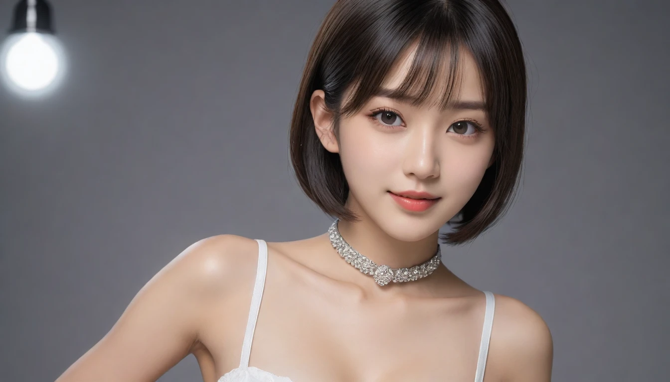 8k, Ultra-high resolution, Highest quality, masterpiece, 三分割法によるphotograph,Surreal, photograph, 1 Girl, (16 years old:1.3), pretty girl, Cute Face, 細部までBeautiful Eyes, 細かくdetailedに,masterpiece,One Girl:1.2,Japanese female announcer,extream close up,smile,Black Hair,Bowl cut(Ultra-realistic) , (figure), (Increase the resolution), (8k), (非常にdetailedな), (best figure), (Beautiful attention to detail), (Highest quality), (非常にdetailedな), (masterpiece), (wallpaper), (detailedな顔), alone,1 girl, Looking at the audience, Subtle details, detailedな顔s, In the Dark, Deep Shadow, Modest,Pure Erotic Face Ace_v1, smile,Attractive girl、16 years old、(Perfect female body:1.4)、(女の子のポートレートphotograph:1.4)、(Photorealistic images:1.4),Fantasy art,(Beautiful Face:1.4),Beautiful and attractive eyes、Beautiful Eyes、(Tight waist:1.4)、(9 Beautiful girls with perfect body proportions:1.4),Red lips,(choker:1.4),Looking at the audience,(((Ideal body type))),A-cup small breasts :2,、Portraiture:2、Perfect Anatomy、鮮明なdetailed、detailed,Fashion magazine cover,Thin lips,Gray background ,完璧でBeautiful Face ,完璧でCute Face, Skin with attention to detail, Perfect limbs、Narrow waist,Looking at the audience,(((Ideal body type))),A cup small breasts :2,Portraiture:2,Perfect Anatomy,鮮明なdetailed,detailed,Surreal,Light and shadow,spotlight