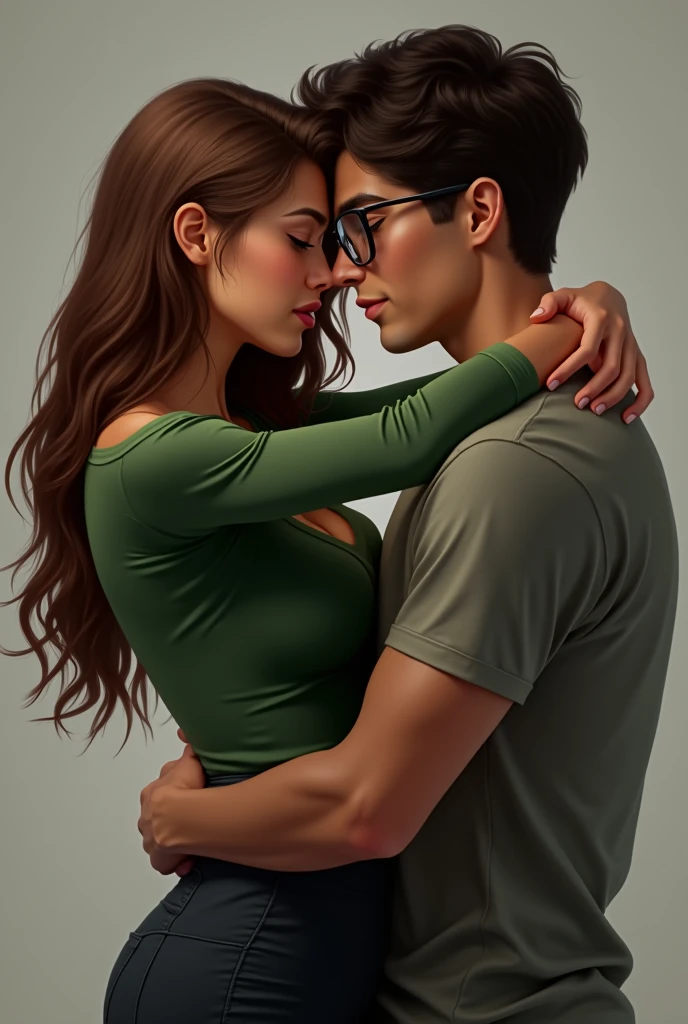 Brown haired girl, big boobies,
green blouse hugging a boy with glasses and black hair