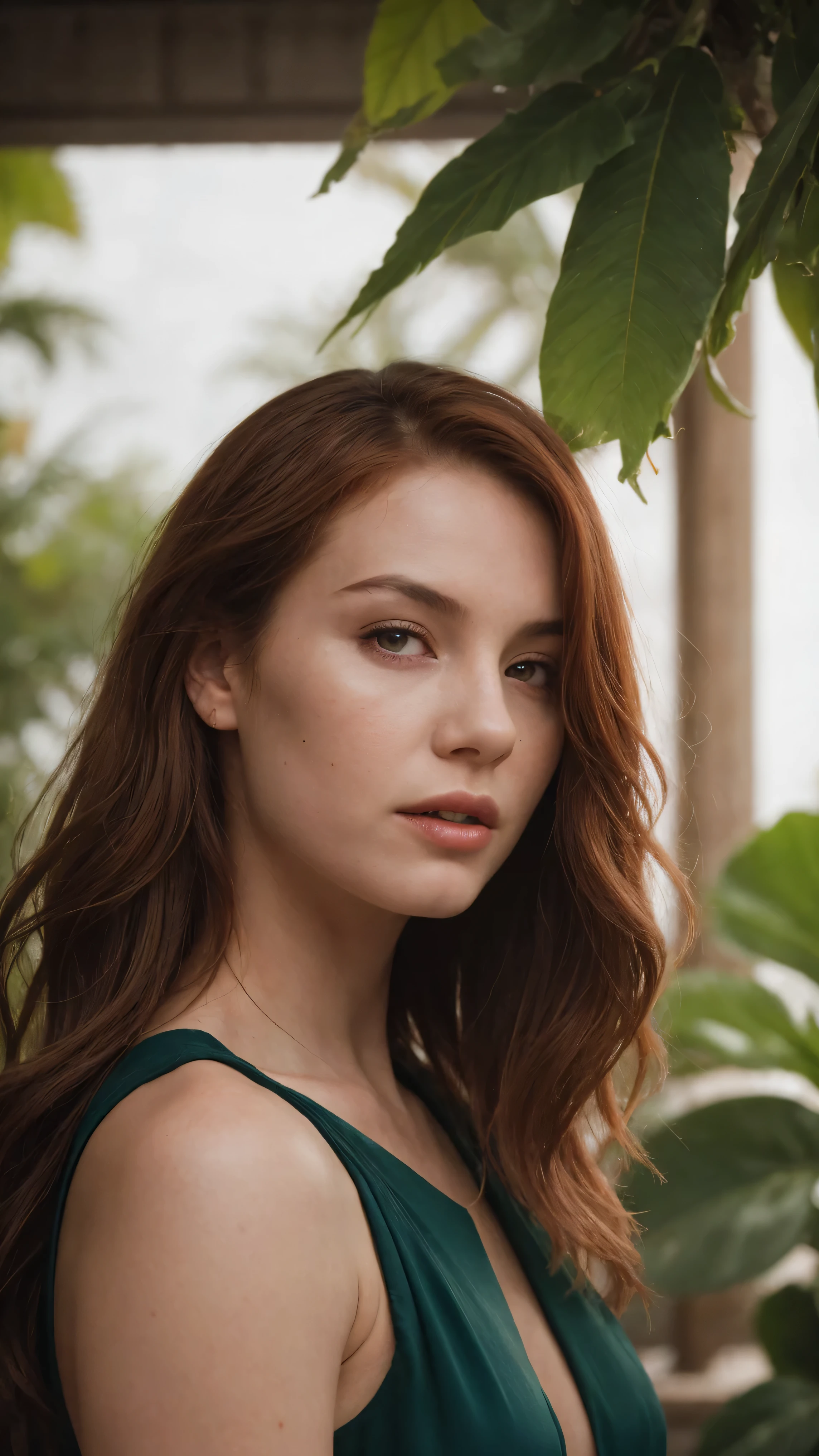 a woman with red hair and green leaves, hyper-realistic skin, shiny/glossy, modern jewelry, gongbi, portraiture, dark teal and light gold, tropical landscapes, Face portrait photo oF a 21-year-old German woman, .raw, beautiFul woman, half strawberry lips, Fossettes, nostalgic look, green eyes, great student, Large eyelashes, (Brown extra long wavy hair), ((detailed Face)), ((detailed Facial Features)), (Finely detailed skin), red skin, (Deep neckline detailing high-tech cyberpunk dress), Cyberpunk Cyberpunk big city environment, (cold colors), moist, moist, reFlections, (masterpiece) (height ratio / perfect width) (photo realist) (best quality) (detailed) Shot with Canon EOS R5, ObjectiF 50mm, F/2.8, human development report, (8k) (wallpaper) (light) (Dramatic Light) (sharp focus) (complicated)