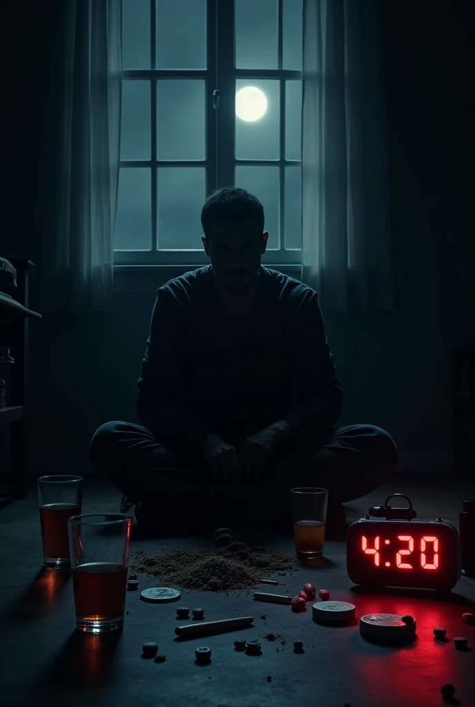 Create the image of a sitting shadowed man, in a room at night where you can see the moon and a digital clock that reads 4:20 like the hour and that has pills, dope , cigarettes and glasses of alcohol on the floor
