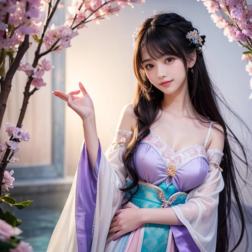 best quality, Delicate face，beautiful visual work, lifelike, eternity, black hair, Long curly hair, blunt bangs, Smile, Detailed Background, Delicate face，blush，cold，((masterpiece))、(top quality)、8k、high detail、Super detailed，21 years old female，Wearing Tang Dynasty Hanfu、waist skirt, Clothes are light and fluffy，Hanfu, wide sleeves, Transparent sleeves, Tunic, Clothes made of chiffon, Seductive and whimsical style、masterpiece、born、Scenes resembling fairy tale illustrations、Intricate details and complex designs、Beautifully、magic、capricious、 Beautifully、Dream aesthetics、「𝓡𝓸𝓶𝓪𝓷𝓽𝓲𝓬、ethereal、charming、fickle、magic」、Realism、Visual effects、FXAA、SSAO、Shaders、voiceless、ambient lighting、Tone mapping、High resolution、Ultra high quality、Million pixels、(8K resolution:1.10)、8k、Below 8K、8K resolution、high detail、intricate details， (high quality:1.2、masterpiece:1.2、:1.21)、(21 years old female:1.21)、(Smile excitedly)、(Surrounded by a dream-like atmosphere、Model diagram，full-body shot，Normal 2 feet，Put your hands behind you，The protrusion of the breast is visible when wearing clothes, Large Breasts, H cup chest, antiquity, Xian Xia, gauze clothes, Soft and fluttering, Fairy, dream, fantasy, light, elegant, nature, Immortal, romantic, classical, ribbon, light purple clothes, By the stream