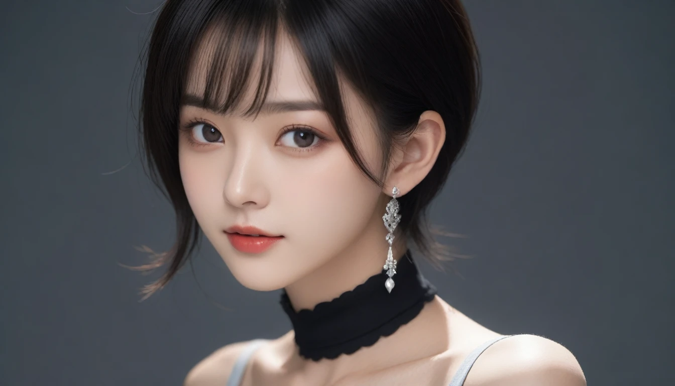 8k, Ultra-high resolution, Highest quality, masterpiece, 三分割法によるphotograph,Surreal, photograph, 1 Girl, (16 years old:1.3), pretty girl, Cute Face, 細部までBeautiful Eyes, 細かくdetailedに,masterpiece,One Girl:1.2,Japanese female announcer,extream close up,smile,Black Hair,Bowl cut(Ultra-realistic) , (figure), (Increase the resolution), (8k), (非常にdetailedな), (best figure), (Beautiful attention to detail), (Highest quality), (非常にdetailedな), (masterpiece),  (wallpaper), (detailedな顔), alone,1 girl, Looking at the audience,  Subtle details, detailedな顔s, In the Dark, Deep Shadow, Modest,Pure Erotic Face Ace_v1, smile,Attractive girl、16 years old、(Perfect female body:1.4)、(女の子のポートレートphotograph:1.4)、(Photorealistic images:1.4),Fantasy art,(Beautiful Face:1.4),Beautiful and attractive eyes、Beautiful Eyes、(Tight waist:1.4)、(9 Beautiful girls with perfect body proportions:1.4),Red lips,(choker:1.4),Looking at the audience,(((Ideal body type))),A-cup small breasts :2,、Portraiture:2、Perfect Anatomy、鮮明なdetailed、detailed,Fashion magazine cover,Thin lips,Gray background ,完璧でBeautiful Face ,完璧でCute Face, Skin with attention to detail, Perfect limbs、Narrow waist,Looking at the audience,(((Ideal body type))),A cup small breasts :2,Portraiture:2,Perfect Anatomy,鮮明なdetailed,detailed,Surreal,Light and shadow,spotlight
