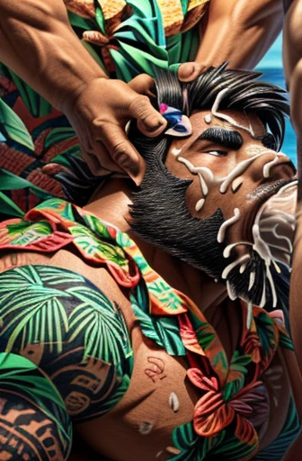Super muscular adult boar beastman,(Wear Hawaiian traditional clothing:1.7),Open your mouth and stick out your tongue,(Surrounded by erect men:1.2),(a large amount of semen on the face and body,:1.8),Southern Island,(Deep Throat:1.5),Brown fur,Black hair and beard,Anal Sex,Kneeling,Tattoo,Masked