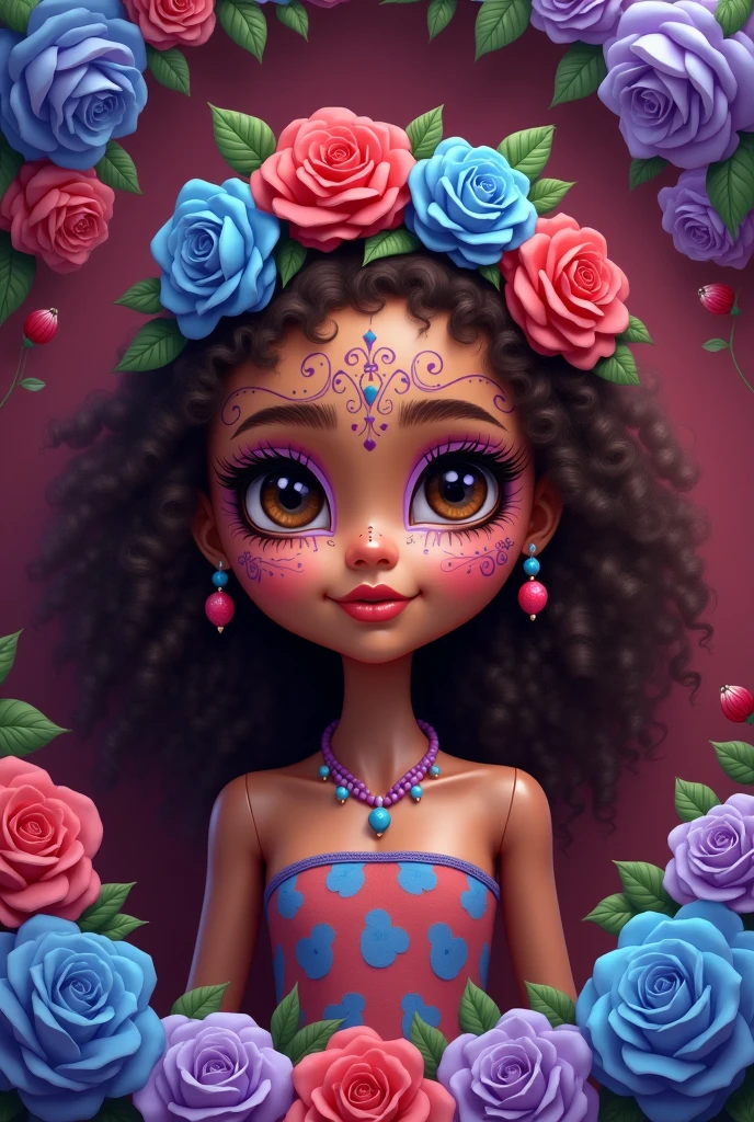 Brown-skinned doll with catrina makeup and a headband of roses with blue colors, purple and red with curly hair and brown eyes 2d drawing pastel color illustration. With a background of burgundy and blue purple roses