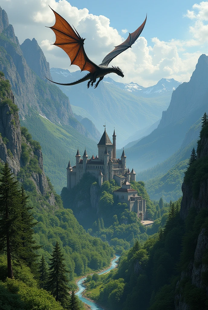 Beautiful Middle-earth with dragons soaring over lush forests, towering mountains, and ancient castles