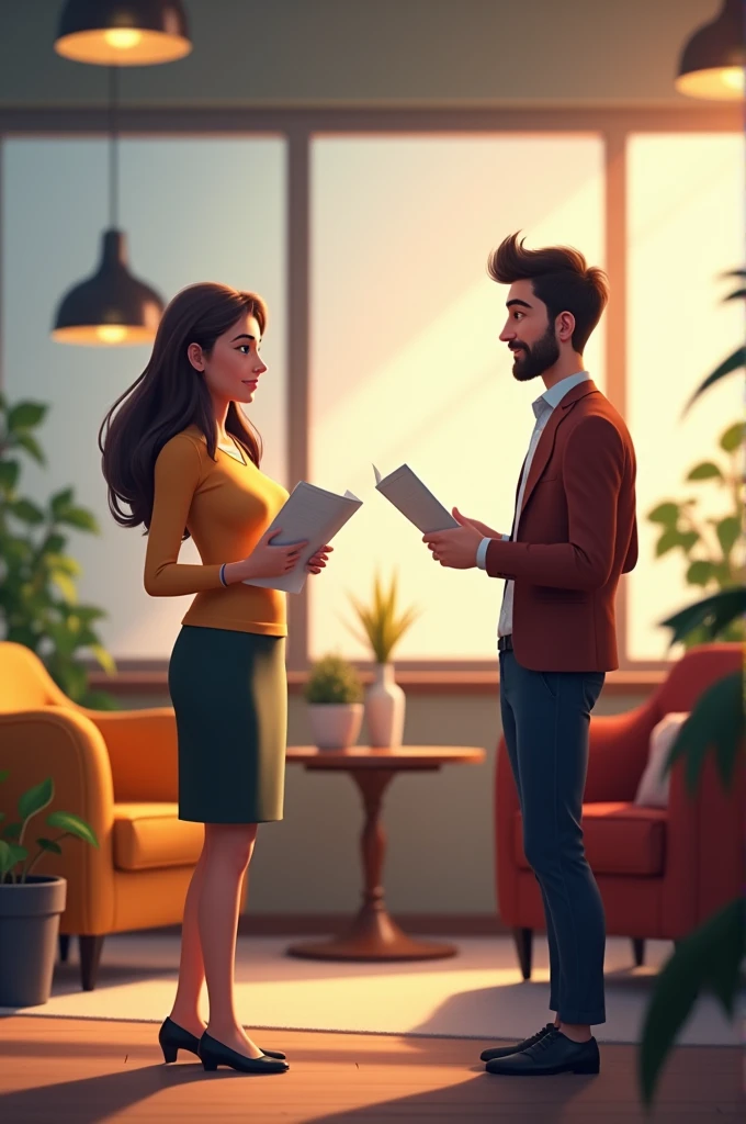 Image: Two colleagues, Sara and Tom, are in an office break room. Sara is looking at Tom, who is reading a report. Text: Sara says, "I noticed a mistake in the report you’re working on. Can we discuss it?" Tom looks surprised but nods.