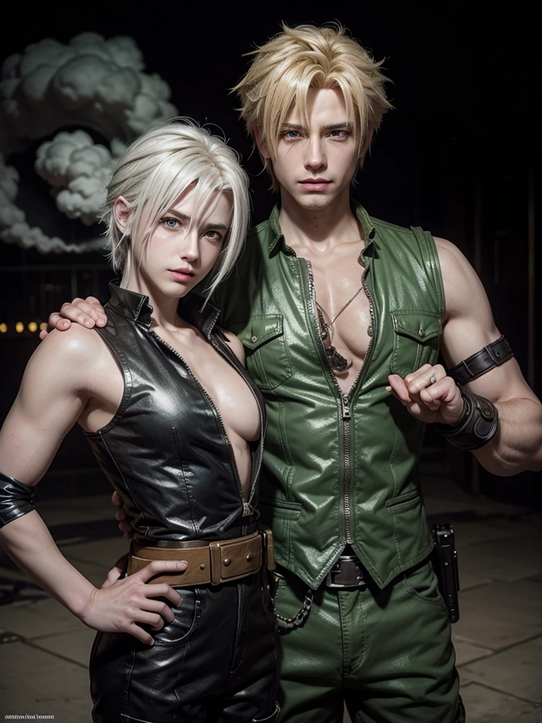 Cloud Strife with white hair and green eyes, using pistols in their hands, wearing steam punk clothes, drawn in anime style