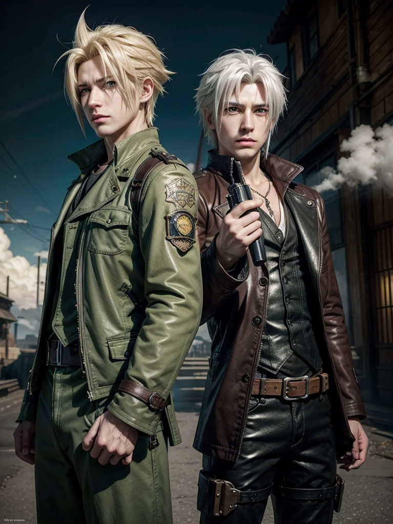 Cloud Strife with white hair and green eyes, using pistols in their hands, wearing steam punk clothes, drawn in anime style
