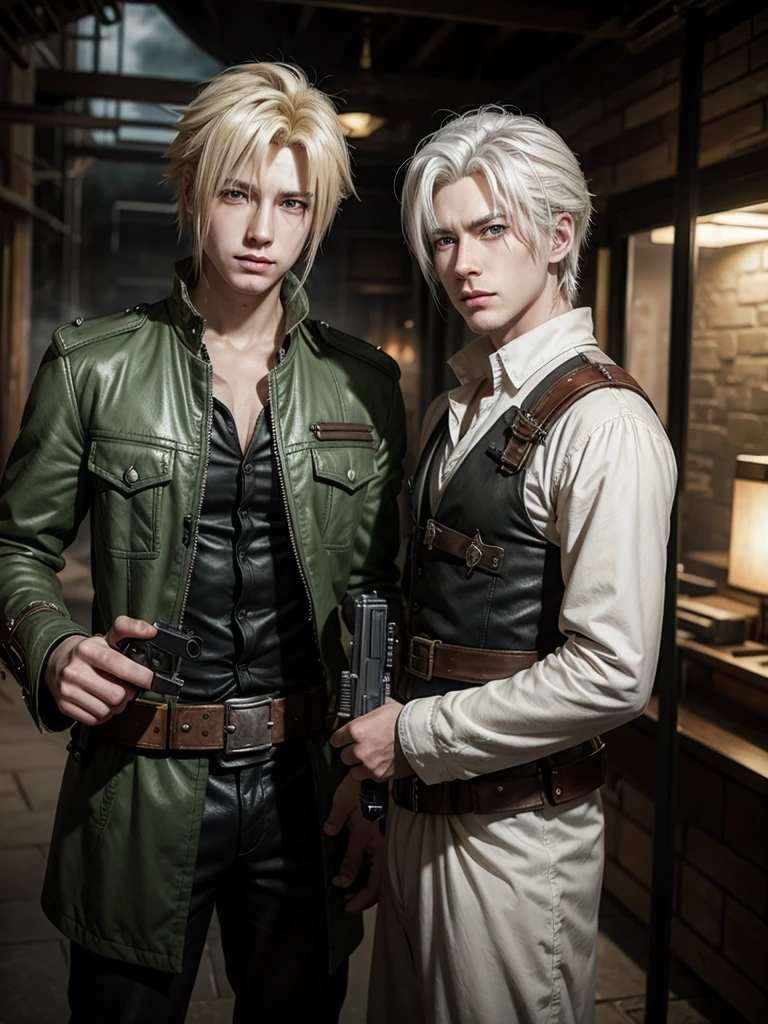 Cloud Strife with white hair and green eyes, using pistols in their hands, wearing steam punk clothes, drawn in anime style