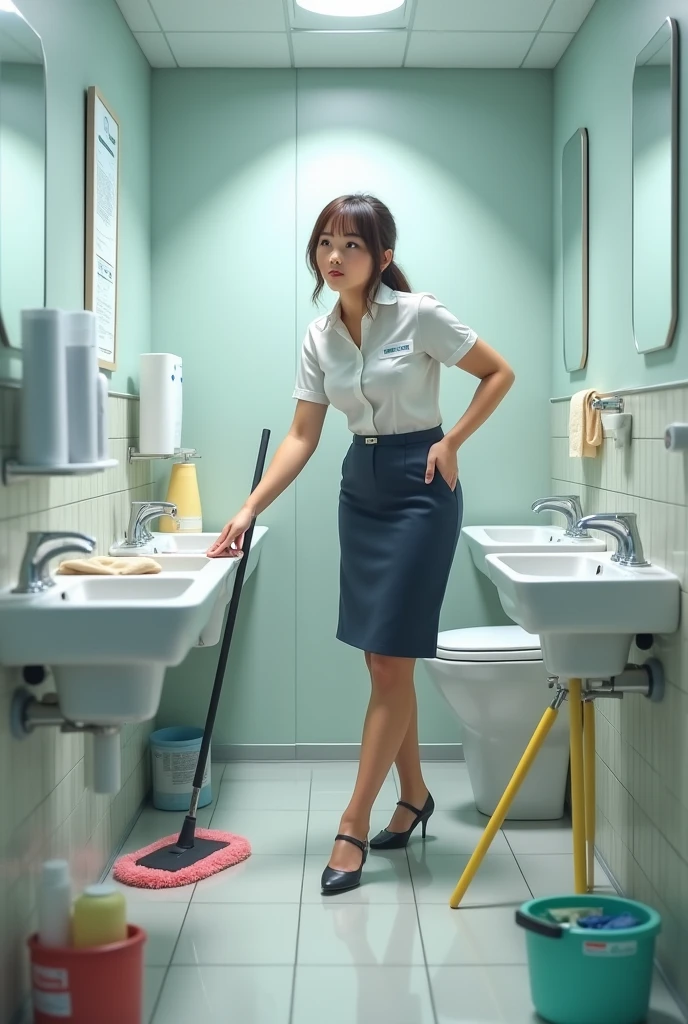 A secretary cleaning the bathroom