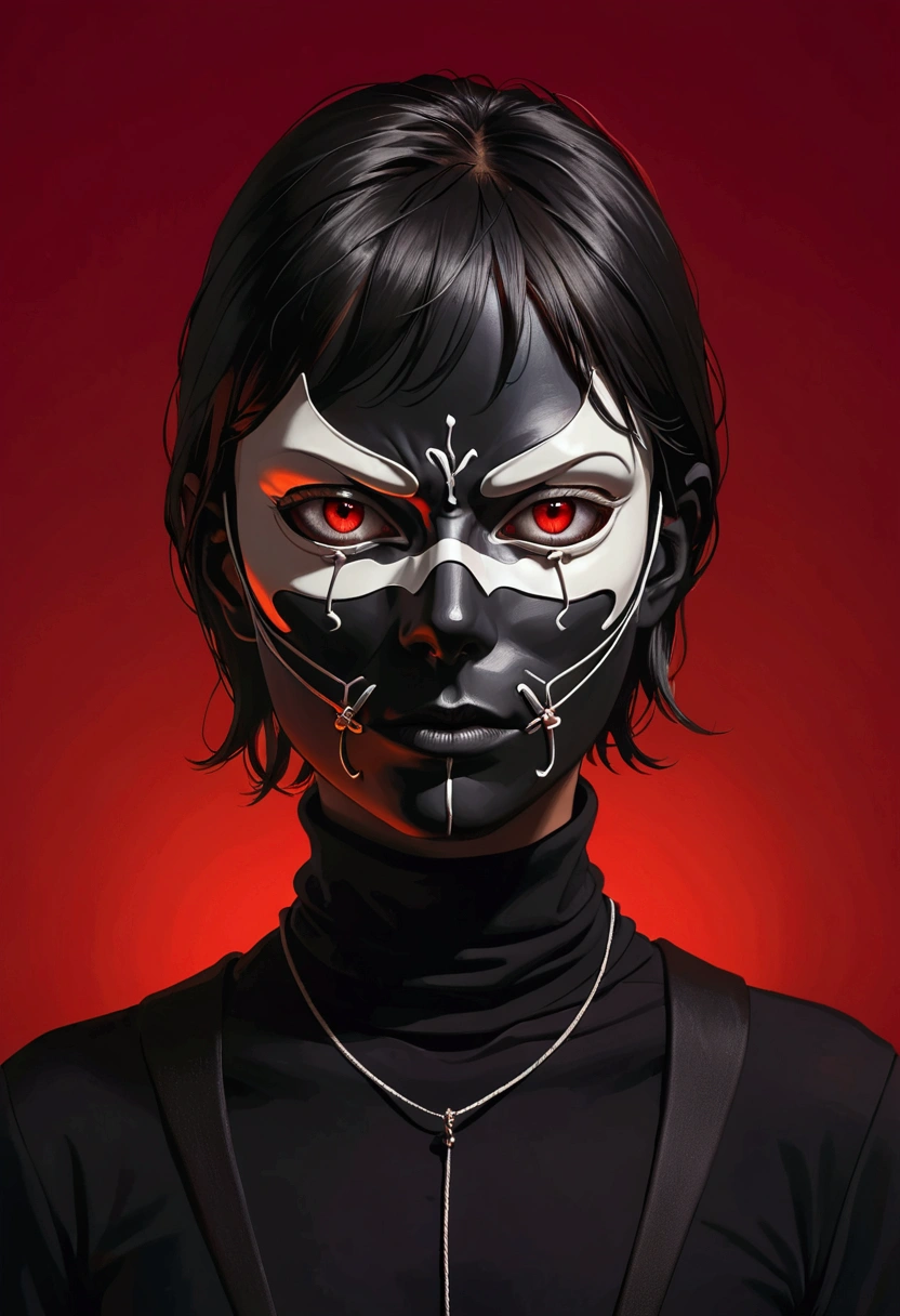 mug shot, portrait of a human wearing a black turtleneck and white glowing eyes mask with two long thin strings hanging from the top to bottom on both sides against a red background
