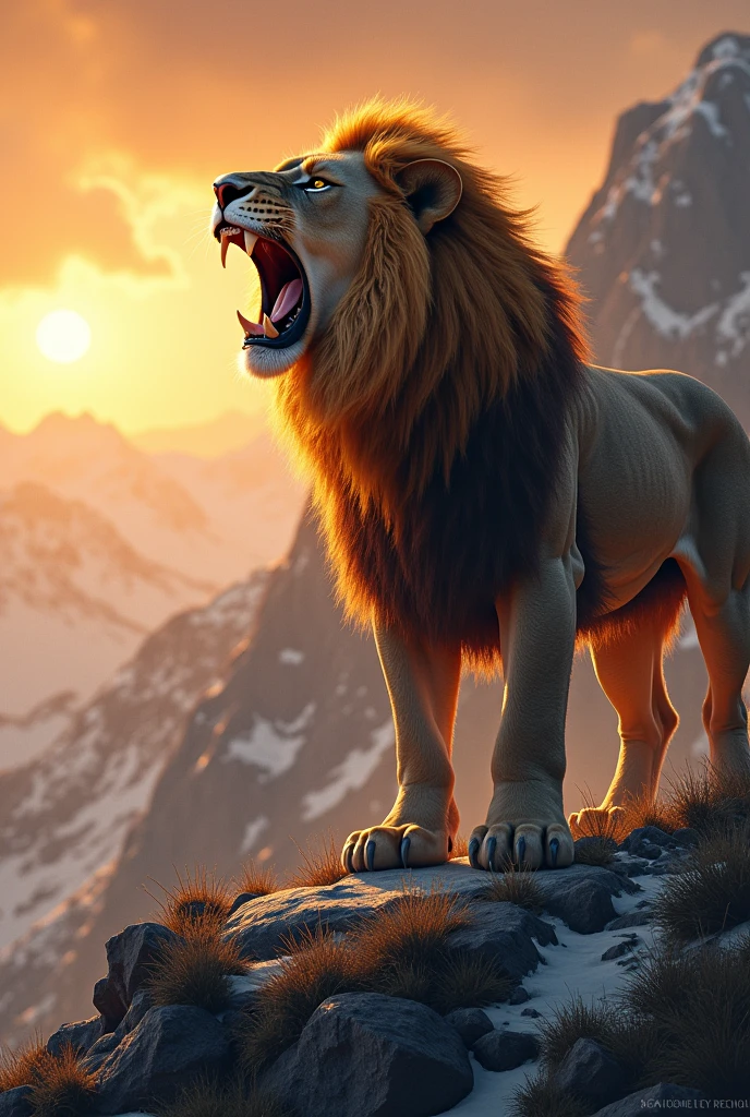 A roaring lion, on a mountain, At the sunset, with orange light