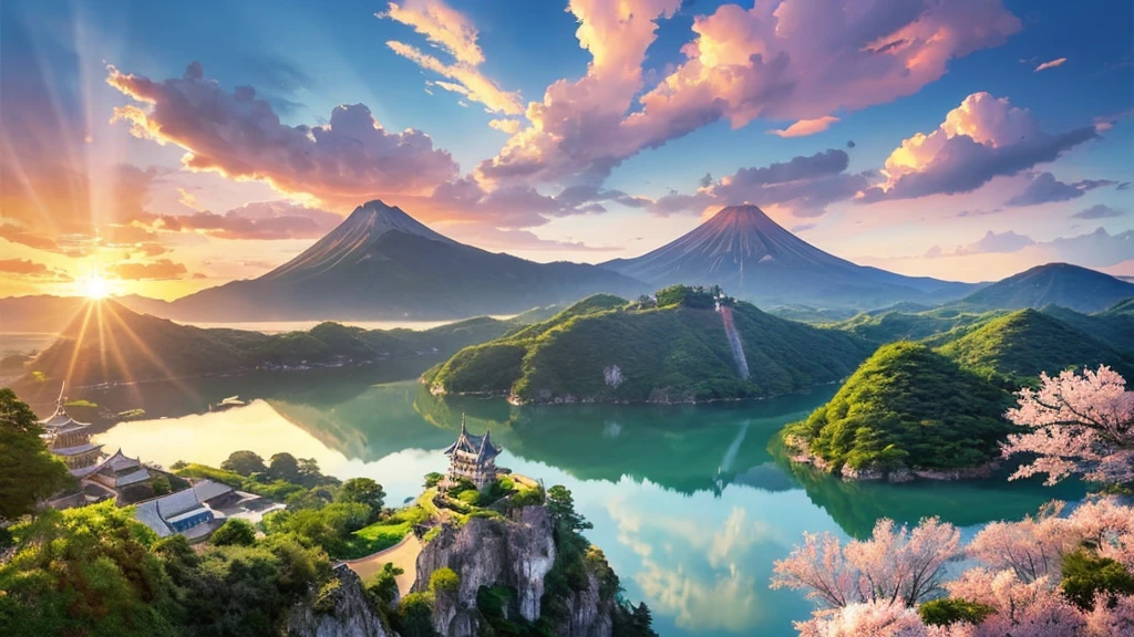 anime、デジタルanimeアート、Flat Design,(masterpiece:1.2)、high quality、High resolution、Very detailed、(Amazingly absurd:1.2)、Japanese Landscape、Small Japanese Castle、Spring sunrise、Colorful background、Beautiful light effect、Wonderful landscape、kitten１　by makoto shinkai The center of the lake