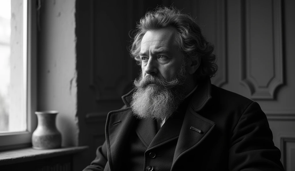 ((best qualityer)),  make a black and white image of the philosopher Pierre-Joseph Proudhon a little further away in a room 

