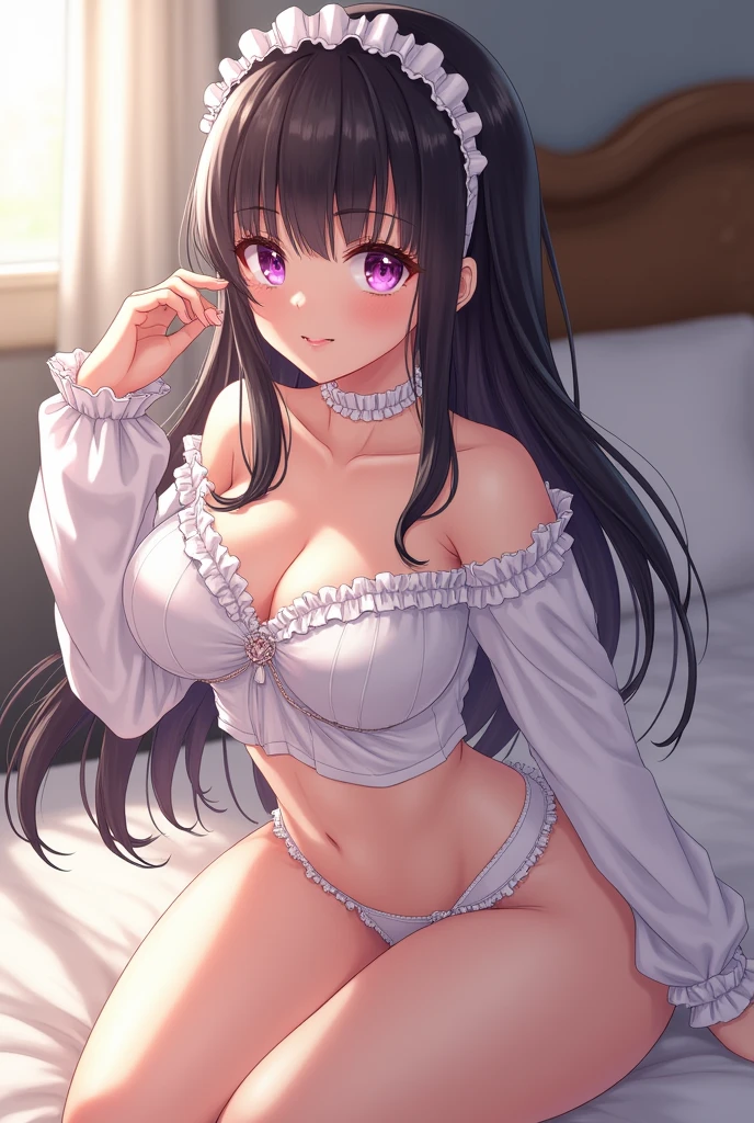 (masterpiece:1.2, Highest quality),Aoi Kanzaki Very detailed, (Realistic, photoRealistic:1.4), Beautiful illustrations, (Natural Side Lighting, Cinema Lighting), Very sensual、Written boundary depth, Beautiful shiny bangs, Beautiful Face, A refreshing and bright smile、Beautiful attention to detail, Beautiful clavicle, Beautiful body, Beautiful breasts, Beautiful thighs, Beautiful legs, Beautiful fingers, Perfect Style, ((The whole body glistens with sweat:1.5))、View your audience, Very beautiful 17 year old girl, Perfect Face, Cute and symmetrical face, (Braiding, Shiny black hair、White ruffled headband), Purple eyes, (Large Breasts, Thigh Thickness), Glowing Skin, Accentuate your cleavage, ((White Off Shoulder Blouse、thin, Translucent origin、Gothic ta Style、Protruding nipples)), White ruffled choker, Bedside in bedroom, (Sexy pose), (Cute Smile, Upward glance),