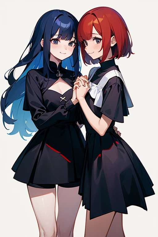 black eye.smile, Inner Color, Hide your ears, Long Hair, chest, Redhead, Black dress,cute
赤い目, Bob Hair, Navy Blue Hair, 大きなchest, Character portrait, White blouse.Shorts.cute.Simple Background, Two Women.Holding hands