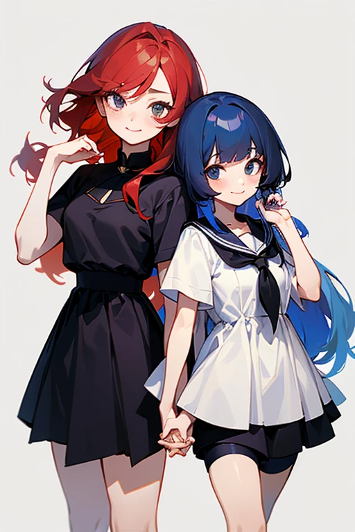 black eye.smile, Inner Color, Hide your ears, Long Hair, chest, Redhead, Black dress,cute
赤い目, Bob Hair, Navy Blue Hair, 大きなchest, Character portrait, White blouse.Shorts.cute.Simple Background, Two Women.Holding hands