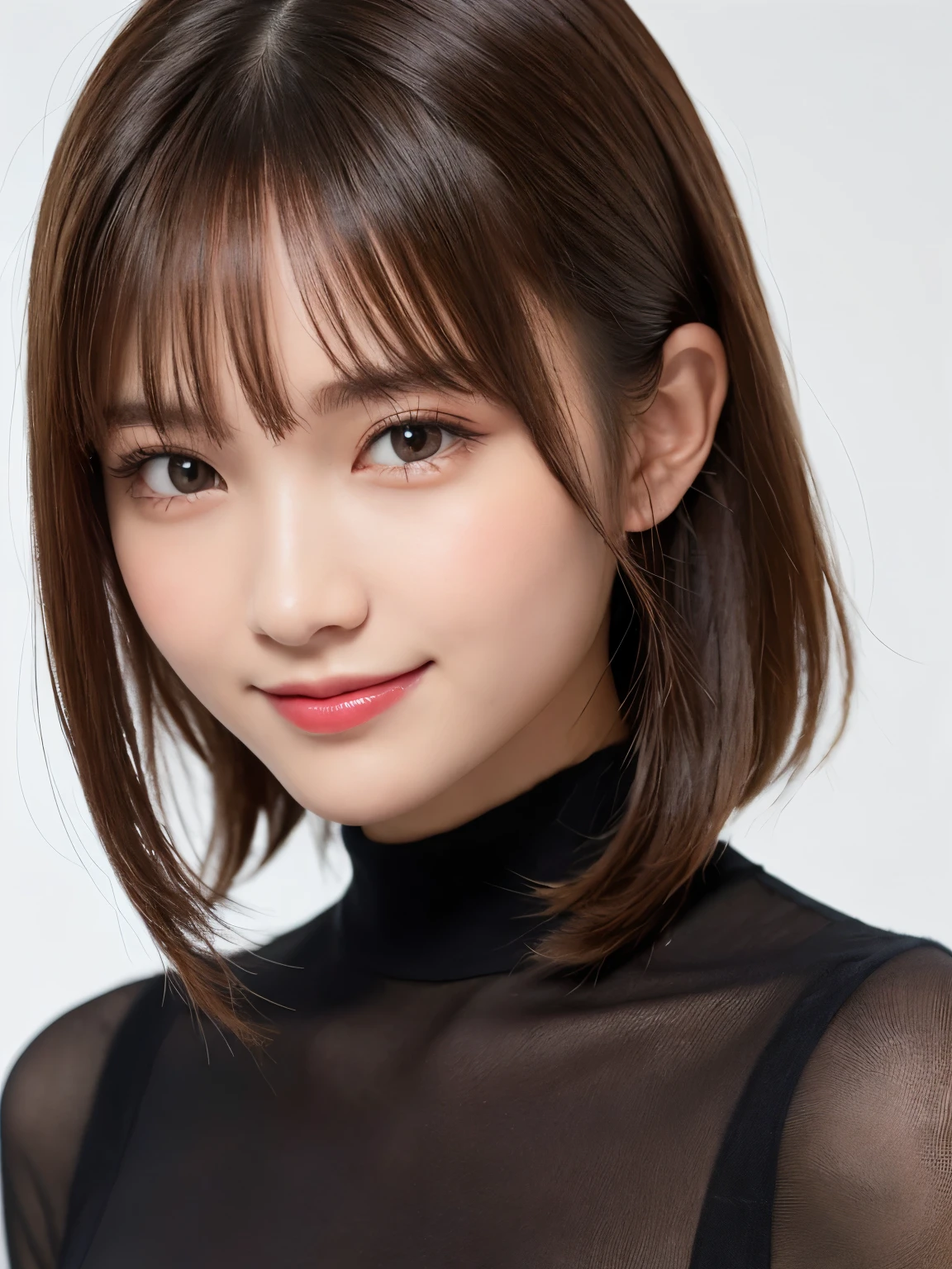 white background, half body portrait, bust shot, looks happy, smile, one girl, (a beauty girl, delicate girl:1.3), (20 years old:1.3), break, (black dress), break, very fine eyes, (symmetrical eyes:1.3), break, C cup breasts, brown eyes, parted bangs, brown hair, (smile), break, (eyes and faces with detailed:1.0), break, (masterpiece, best quality, ultra detailed, detailed face, 8k)