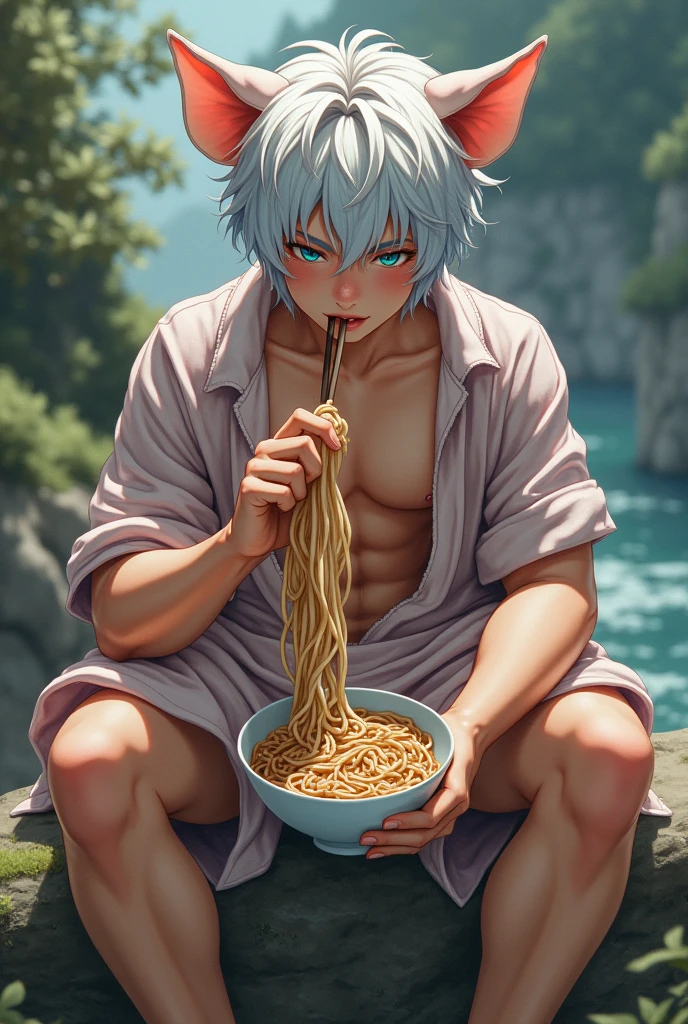 Beautiful boy with white and blue hair and brown skin, succulent and sexy and very sensual curves, rather sloppy pig cosplay with torn suit, face and facial features delicate and a little rustic and clearly blushing, very detailed, 8K, riding on a rock eating soba, a yaoi work. anime teacher