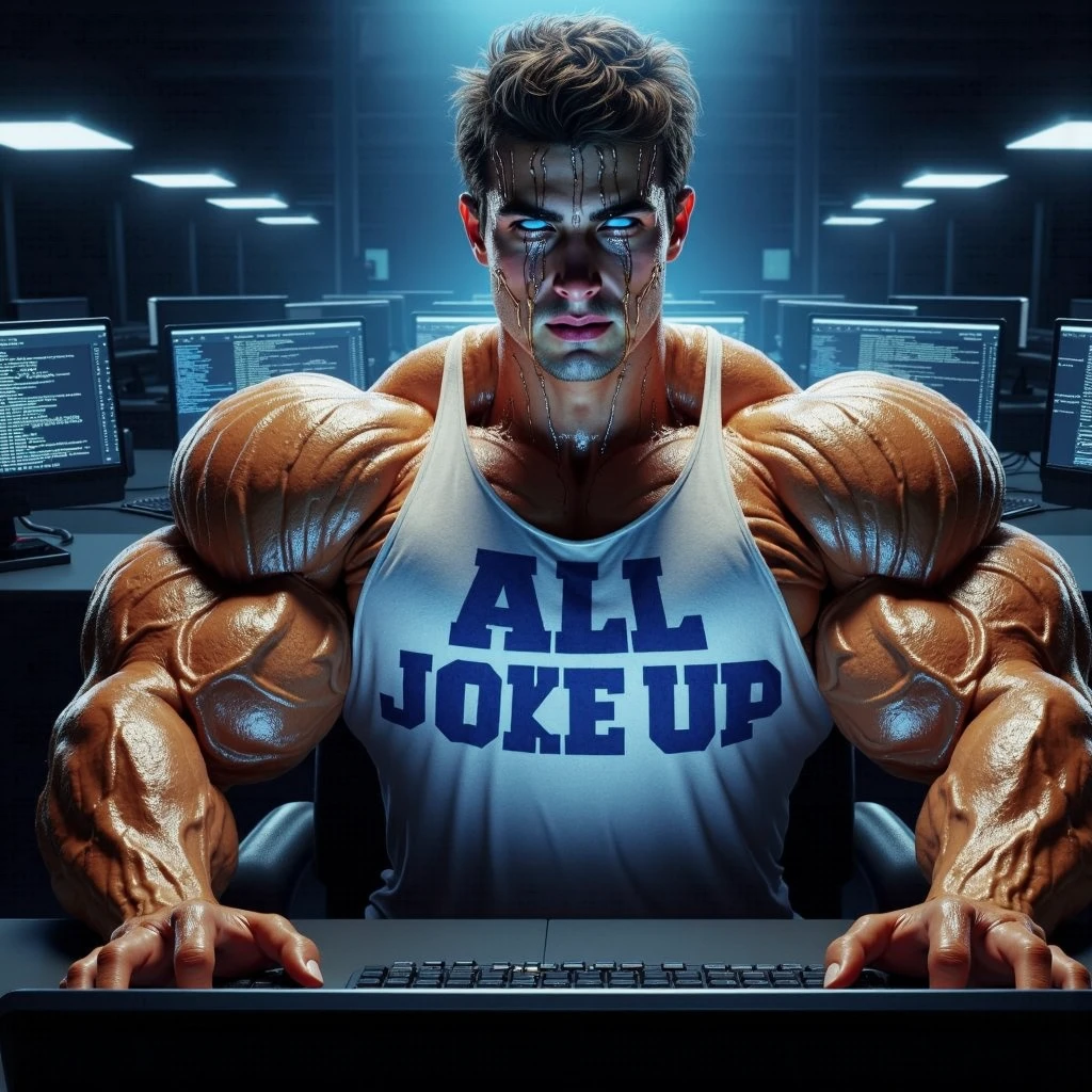 Big muscles. Sweating. Male college student wearing a shirt that says ALL JOCKED UP sits in front of a monitor in a dark computer lab at night. Staring vapidly with a blank expression at the glowing screen with his mouth hanging open under deep hypnosis. Repeating mantras to meet their goal to be big dumb muscular sweaty bodybuilder bros. Big biceps. Big triceps. Big traps. Broad shoulders. Broad chests. IQ drain. Digital painting. "Stare ... listen ... blank ... obey.... Bigger... Dumber.... Bigger and bigger. Dumber and dumber.... Just a big ... dumb ... jock. Huhuh.... Uhhhhhh.... How's it hangin', bro? Yes, Coach.... Watch the spiral... FLEX... Think too much.... Jocks don't think.... It's good to be a JOCK.... Good not to think.... I will not think.... I obey.... Stare. Obey. FLEX. Don't think. Just be a meatheaded dumb jock. Huhuh.... Brooooo...." in a deep voice. Photo manipulation.