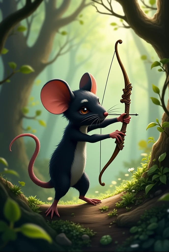 A black mouse with silky fur and spots on its body, who uses a light bow.
