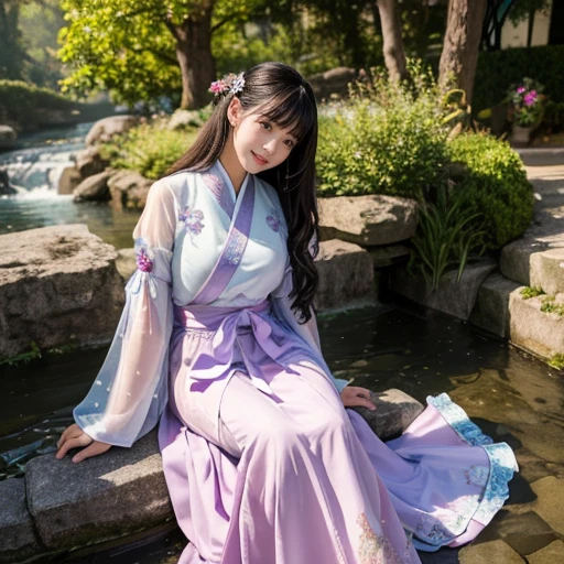 best quality, Delicate face，beautiful visual work, lifelike, eternity, black hair, Long curly hair, blunt bangs, Smile, Detailed Background, Delicate face，blush，cold，((masterpiece))、(top quality)、8k、high detail、Super detailed，21 years old female，Wearing Tang Dynasty Hanfu、waist skirt, Clothes are light and fluffy，Hanfu, wide sleeves, Transparent sleeves, Tunic, Clothes made of chiffon, Seductive and whimsical style、masterpiece、born、Scenes resembling fairy tale illustrations、Intricate details and complex designs、Beautifully、magic、capricious、 Beautifully、Dream aesthetics、「𝓡𝓸𝓶𝓪𝓷𝓽𝓲𝓬、ethereal、charming、fickle、magic」、Realism、Visual effects、FXAA、SSAO、Shaders、voiceless、ambient lighting、Tone mapping、High resolution、Ultra high quality、Million pixels、(8K resolution:1.10)、8k、Below 8K、8K resolution、high detail、intricate details， (high quality:1.2、masterpiece:1.2、:1.21)、(21 years old female:1.21)、(Smile excitedly)、(Surrounded by a dream-like atmosphere、Model diagram，full-body shot，Normal 2 feet，Put your hands behind you，The protrusion of the breast is visible when wearing clothes, Large Breasts, H cup chest, antiquity, Xian Xia, gauze clothes, Soft and fluttering, Fairy, dream, fantasy, light, elegant, nature, Immortal, romantic, classical, ribbon, light purple clothes, By the stream