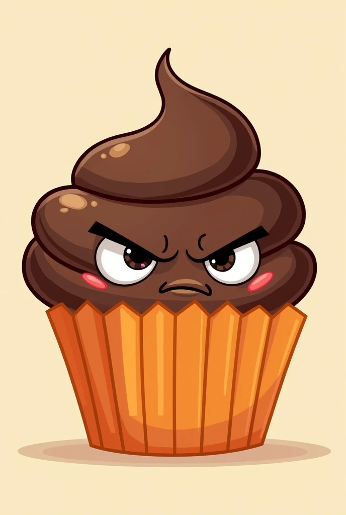 Create a drawing of a chocolate cupcake, egg, with an angry but cute face, and in an orange wrapper 