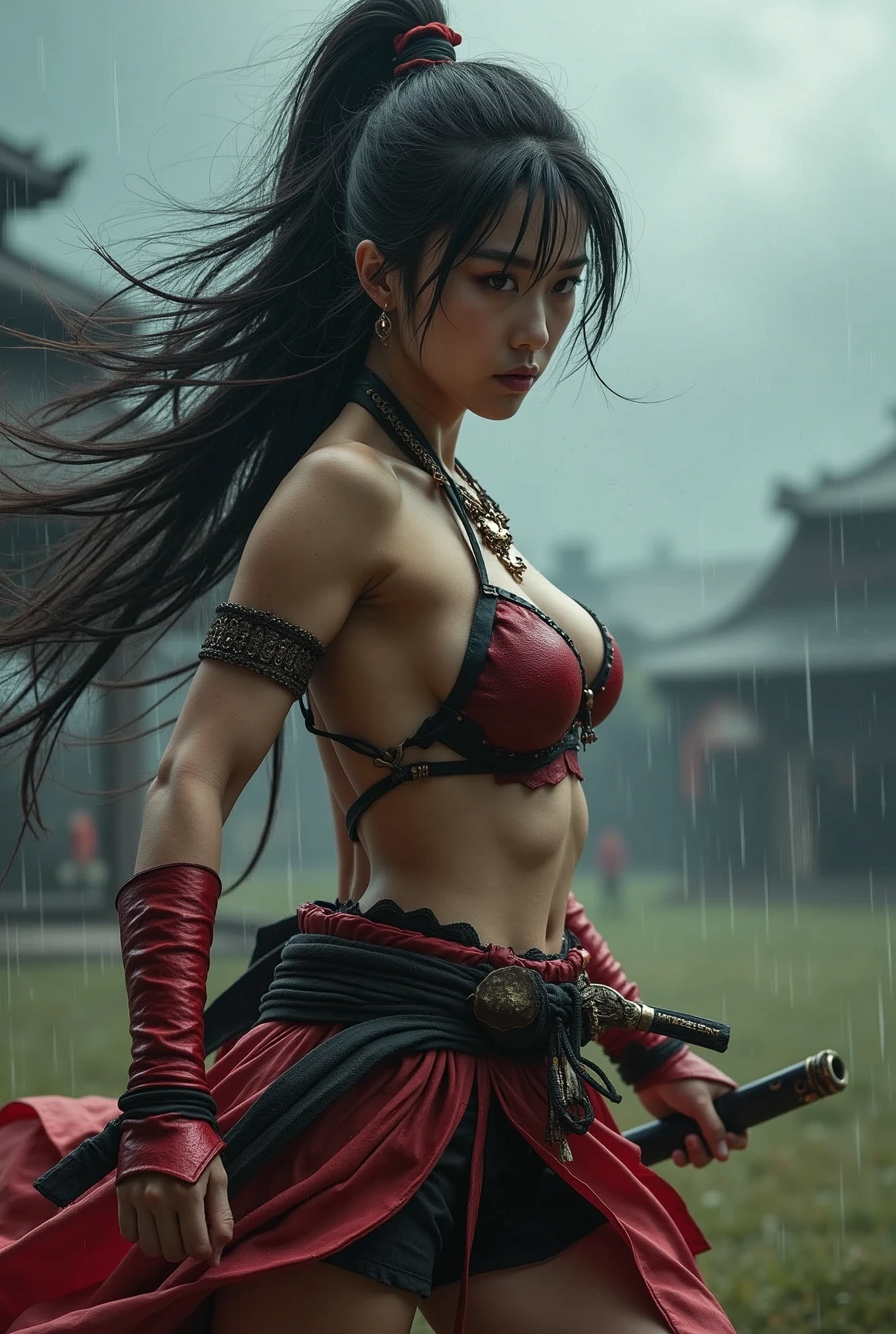 beautiful japanese woman with small breasts in revealing short samurai costume, fighting pose, confident look, battlefield, strong wind, heavy rain, thunderstorm