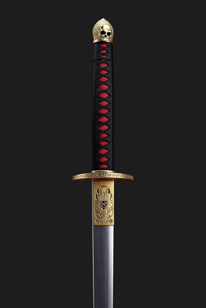 can you make a katana with this description
Katana Description: "Reikon no Yaiba"
Handle (Tsuka):
Length: Approximately 25 cm.
Material: The handle is wrapped in black leather with a rough texture for a firm grip.
Details: The leather is interwoven in a diamond pattern, revealing a dark red background underneath. At the end of the handle, there is a skull engraved that marks the position of the hidden selector. The selector has small numbers inscribed in black, from 0 to 11, with the number 11 accompanied by a skull.
Guard (Tsuba):
Shape: The guard is oval-shaped, with intricately carved edges in a pattern of intertwined flames and waves, representing the fire and water elements that Hikari controls.
Material: Made of dark steel, with golden details on the flames and silver on the waves.