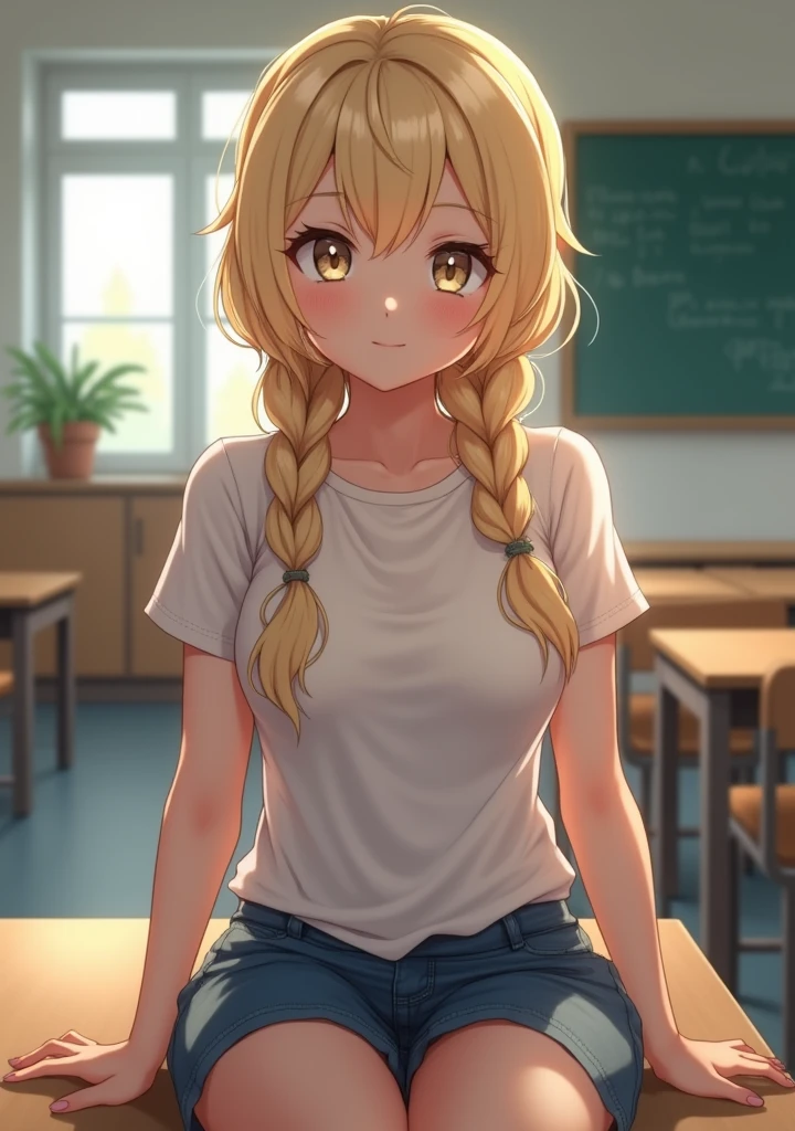 (Practical,photo-Practical:1.37),1 Girl,Beautiful young girl,,whole body,With a cute face and light eyes. Her long blond hair was tied into two cute little braids, Makes her look young and lively. She has natural beauty,Exudes a pure feeling. The focus of the image is the girl's facial expression, Capture her charm and charisma,White girl with twin ponytails,Sweet smile,(((Sitting in a university classroom)),Wear a sexy short skirt,Overlooking,Big breasts,Tight Fit