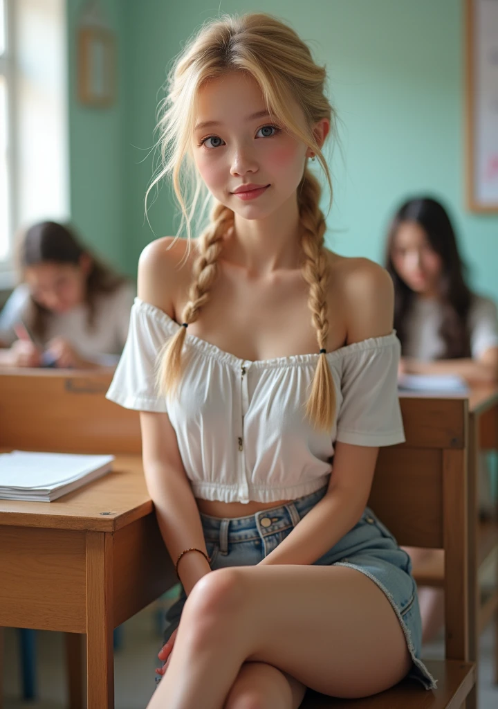 (Practical,photo-Practical:1.37),1 Girl,Beautiful young girl,16 years old,whole body,With a cute face and light eyes. Her long blond hair was tied into two cute little braids, Makes her look young and lively. She has natural beauty,Exudes a pure feeling. The focus of the image is the girl's facial expression, Capture her charm and charisma,White girl with twin ponytails,Sweet smile,(((Sitting in a university classroom)),Wear a sexy short skirt,Overlooking,Big breasts,Tight Fit