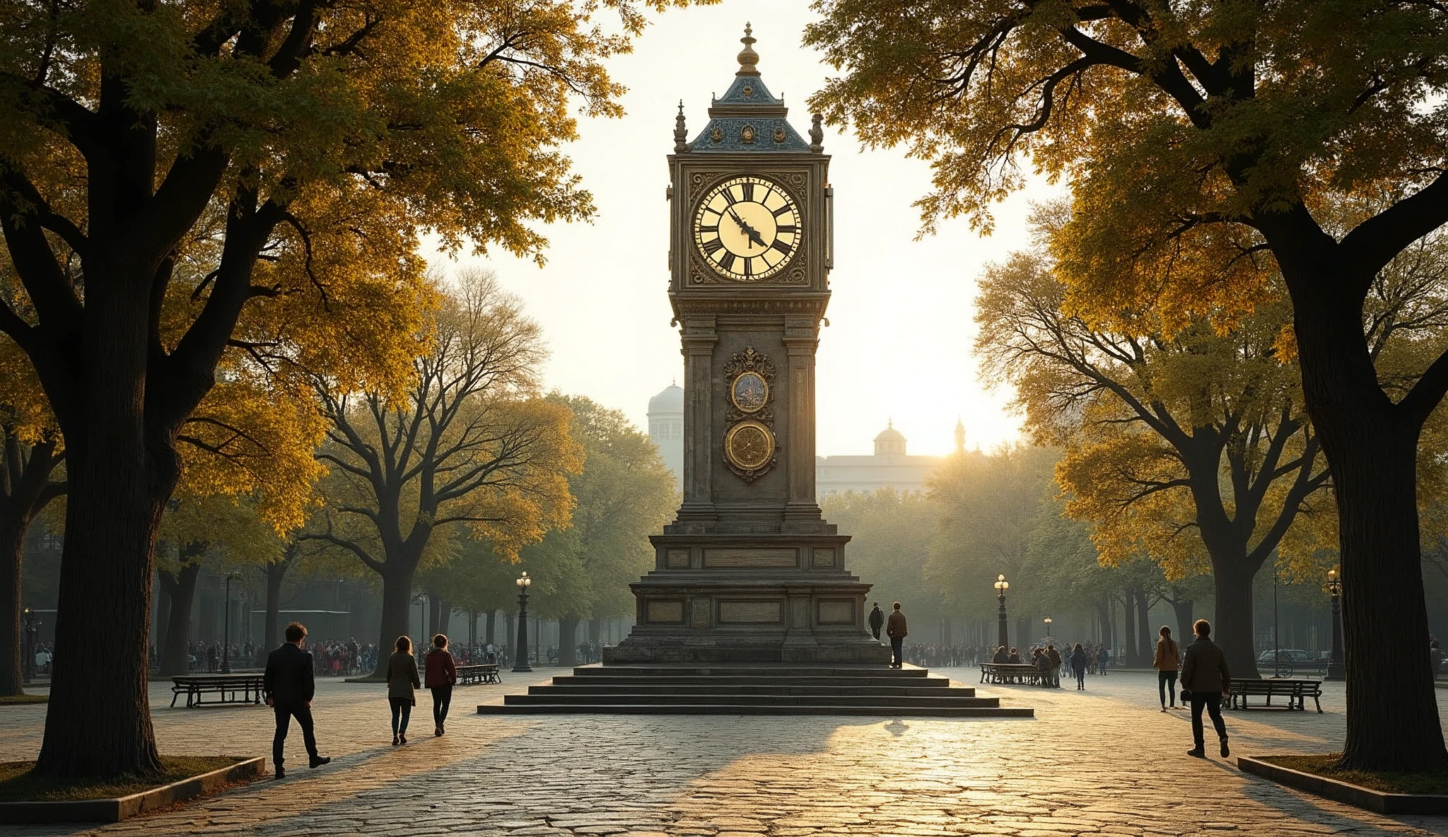 Imagine the scene of an ancient and peaceful square, with a giant clock in the center. This tower clock dominates the landscape, with a classic design and ornate bronze and gold details. The dial is large and well lit, with imposing hands that indicate the time precisely. The surrounding square is covered with stones and surrounded by ancient trees with leaves fluttering in the gentle wind.. Some people walk calmly, admiring the clock, as the soft late afternoon light bathes the scene in golden and orange hues.