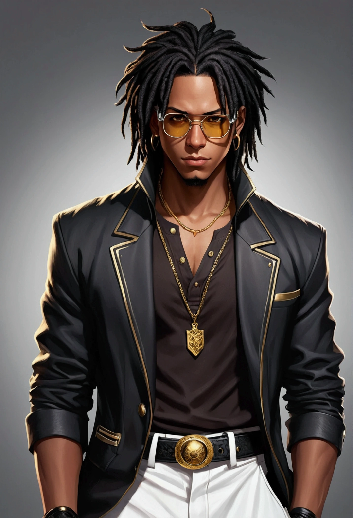 Dark-skinned young man with brown eyes and a black jacket., Black dreadlocks, Black prescription glasses, Hairstyle with dreadlocks, Black horns coming from head, in human style, colorful sketch, unrealistic character concept, Conceptual portrait of my character, подробный character portrait, anime style character, anime style portrait, character portrait, cel - shaded art style, His outfit consists of black, unbuttoned jacket with gold buttons on the front and bottom of the sleeves, he wears a white V-neck shirt., White pants, large black belt with gold buckle, smaller black belt, hanging from the side of her hip, and he's wearing beige shoes with black buckles, вдохновение King of Fighters potrait