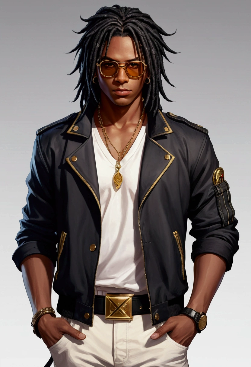 Dark-skinned young man with brown eyes and a black jacket., Black dreadlocks, Black prescription glasses, Hairstyle with dreadlocks, Black horns coming from head, in human style, colorful sketch, unrealistic character concept, Conceptual portrait of my character, подробный character portrait, anime style character, anime style portrait, character portrait, cel - shaded art style, His outfit consists of black, unbuttoned jacket with gold buttons on the front and bottom of the sleeves, he wears a white V-neck shirt., White pants, large black belt with gold buckle, smaller black belt, hanging from the side of her hip, and he's wearing beige shoes with black buckles, вдохновение King of Fighters potrait