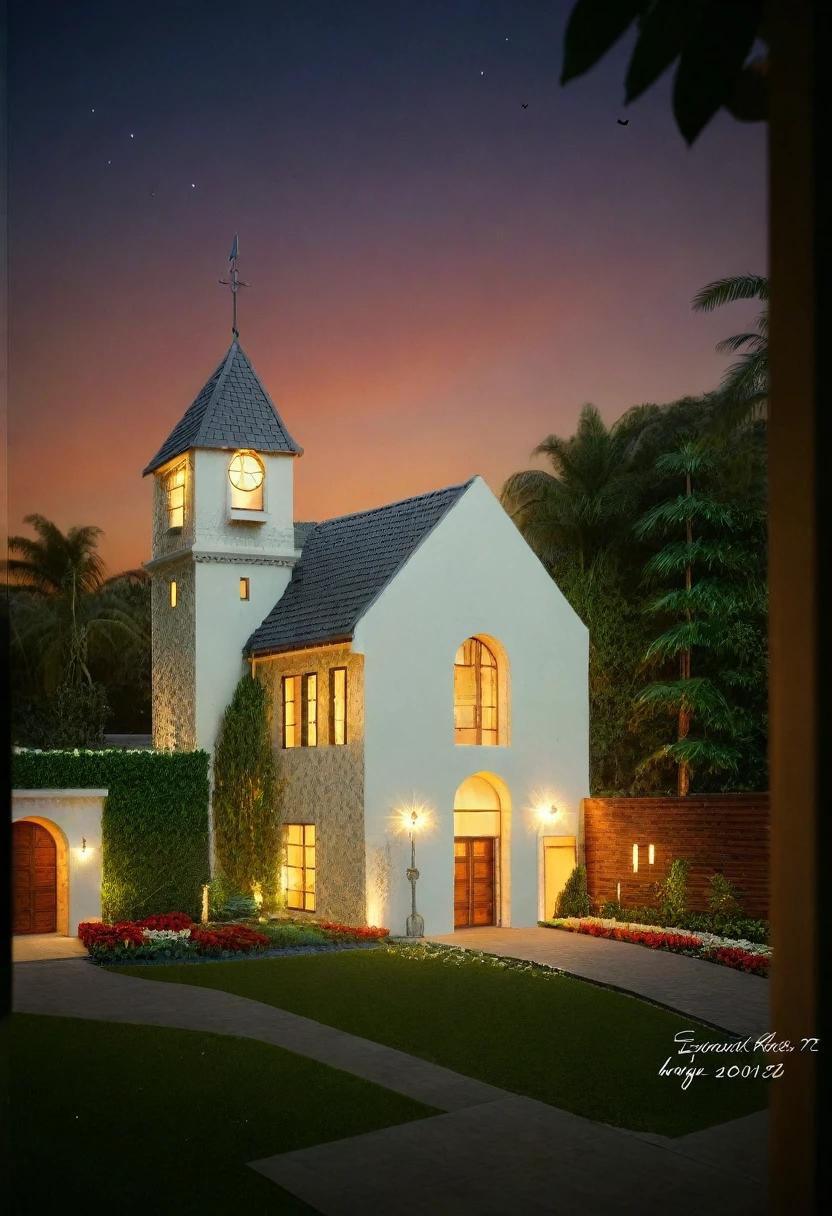 Ultra-realistic 8k, hd image quality, sharp detail, 2-story modern house, main materials: white walls, wooden ceiling accents, large glass windows, roads, cars, sidewalks, American Palm trees high, has a small alley, located in a residential area, modern style, shimmering sky, sunset light, feels peaceful, beautiful, close and warm, ((Warm light from indoor:1.3)), (daylight:1.2), perfect lighting,dynamic light,2 large glass doors,((1 large glass window:1.3)), (night light), (colorful flowers in front of the house)